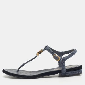 Chanel Blue Tweed and Velvet  CC LogoT-Strap Flat Sandals Size 37, Sandals - Luxury Closet catalog