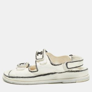 Chanel White/Black Leather Dad Slingback Flat Sandals Size 39, Sandals - Luxury Closet catalog