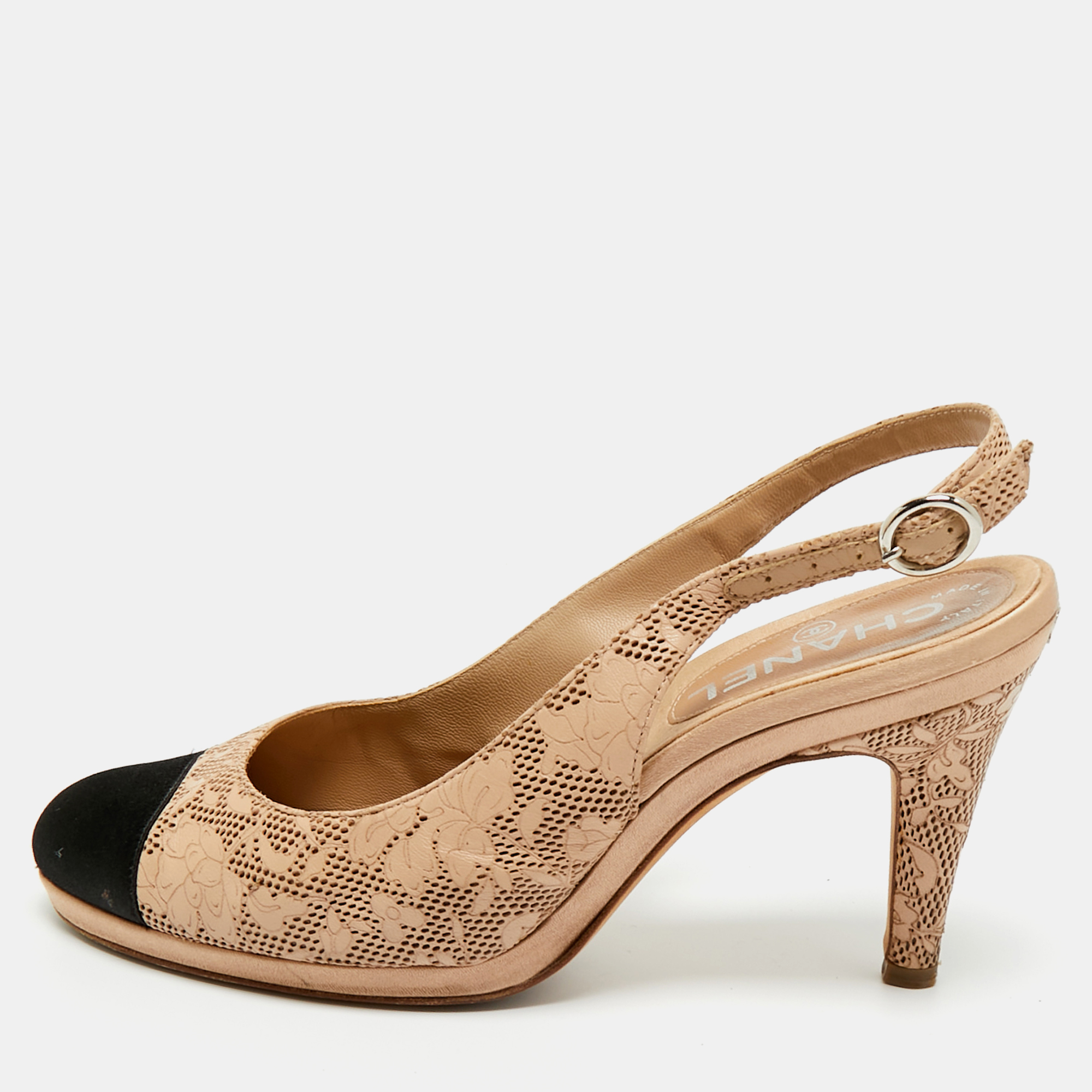 Chanel Beige/Black Leather And Satin Cap-Toe Slingback Pumps Size 37.5, Pumps - Luxury Closet catalog