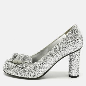 Chanel Metallic Silver Glitter CC Camelia Block Heel Pumps Size 39, Pumps - Luxury Closet catalog