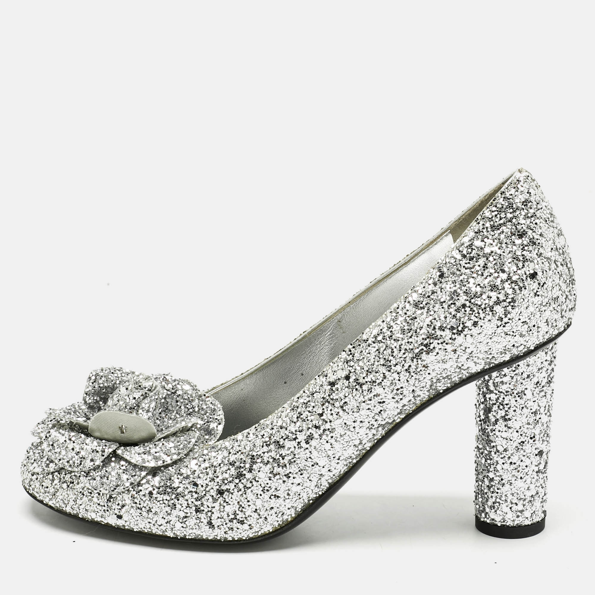 Chanel Metallic Silver Glitter CC Camelia Block Heel Pumps Size 39, Pumps - Luxury Closet catalog