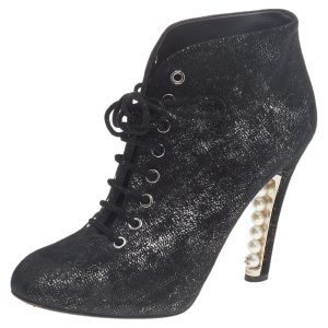Chanel Black/Silver Suede Pearl Heel Lace Up Ankle Boots Size 38, Boots - Luxury Closet catalog