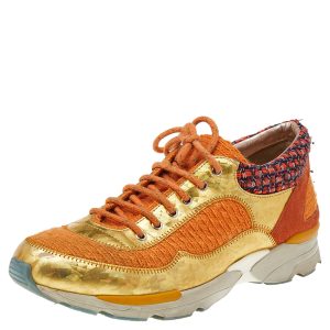 Chanel Orange/Gold Tweed And Suede CC Low Top Sneakers Size 38, Athletic Shoes & Sneakers - Luxury Closet catalog