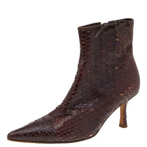 Chanel Dark Brown Python Leather Pointed Toe Ankle Length Boots Size 38.5, Boots - Luxury Closet catalog