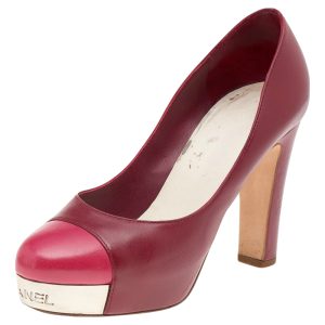 Chanel Red/Pink Leather CC Cap Toe Block Heel Platform Pumps Size 35.5, Pumps - Luxury Closet catalog