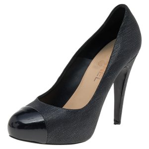 Chanel Black Textured Leather CC Cap Toe Pumps Size 38.5, Pumps - Luxury Closet catalog