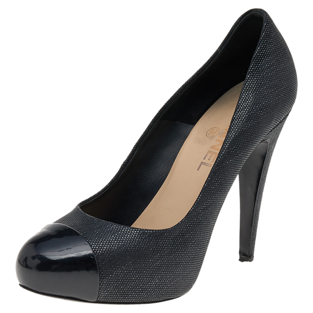 Chanel Black Textured Leather CC Cap Toe Pumps Size 38.5, Pumps - Luxury Closet catalog