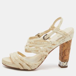 Chanel Cream Leather Chain Embellished Cork Block Heel Strappy Sandals Size 38.5, Sandals - Luxury Closet catalog