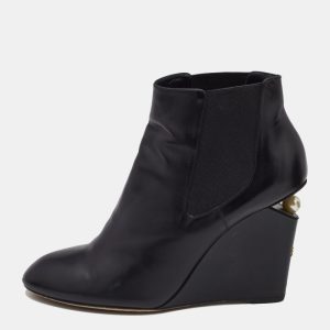 Chanel Black Leather Pearl Embellished CC Wedge Booties Size 40, Boots - Luxury Closet catalog