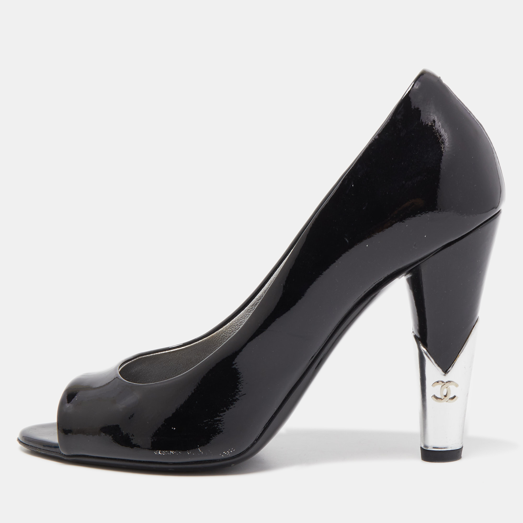 Chanel Black Patent Leather CC Peep Toe Pumps Size 36.5, Pumps - Luxury Closet catalog
