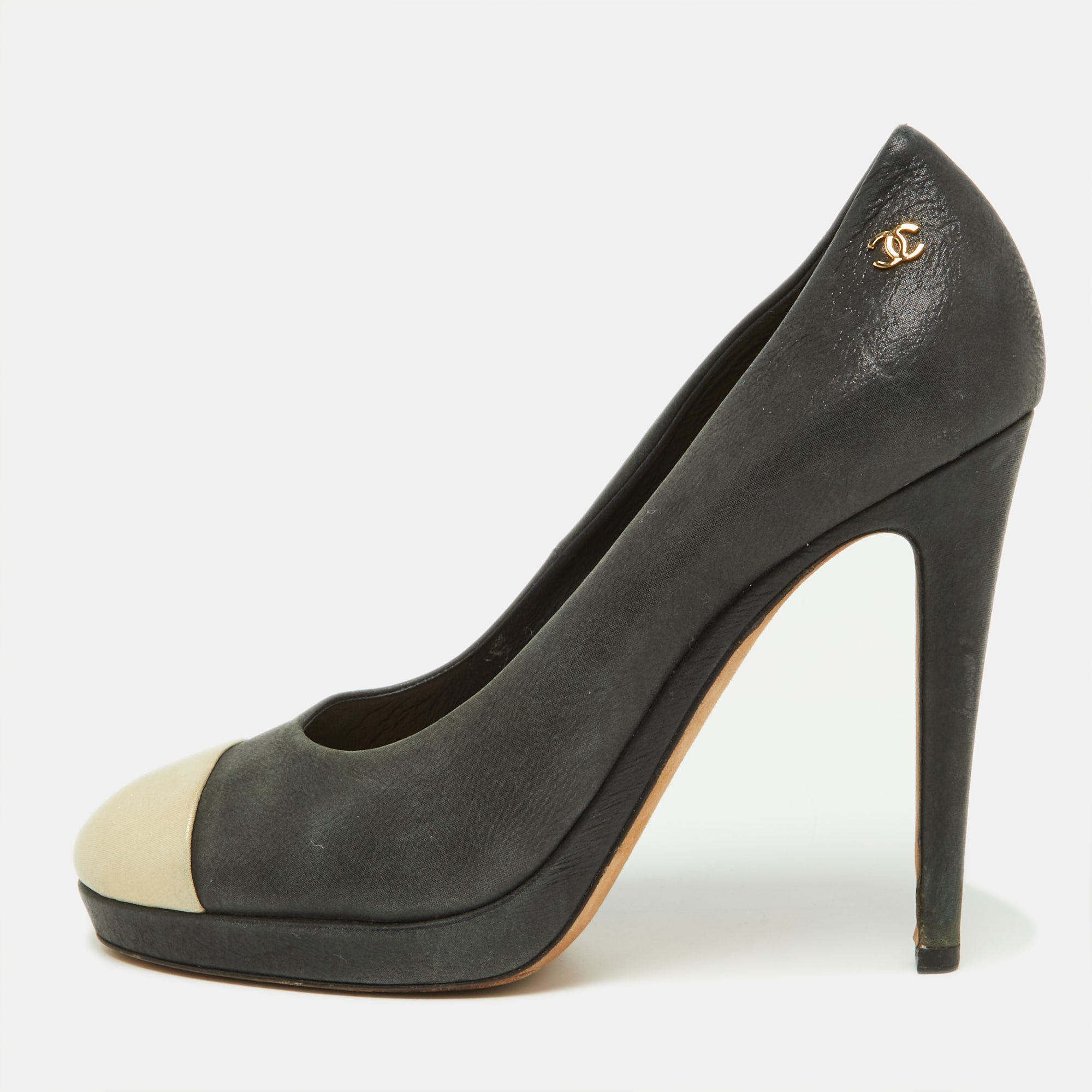 Chanel Beige/Black Iridescent Leather CC Cap Toe Pumps Size 38, Pumps - Luxury Closet catalog