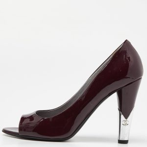 Chanel Purple/Silver Patent Leather Peep Toe CC Heel Pumps Size 39.5, Pumps - Luxury Closet catalog