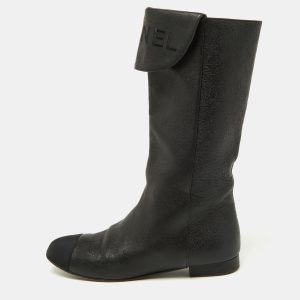 Chanel Black Leather and Grosgrain Mid Calf Boots Size 37.5, Boots - Luxury Closet catalog