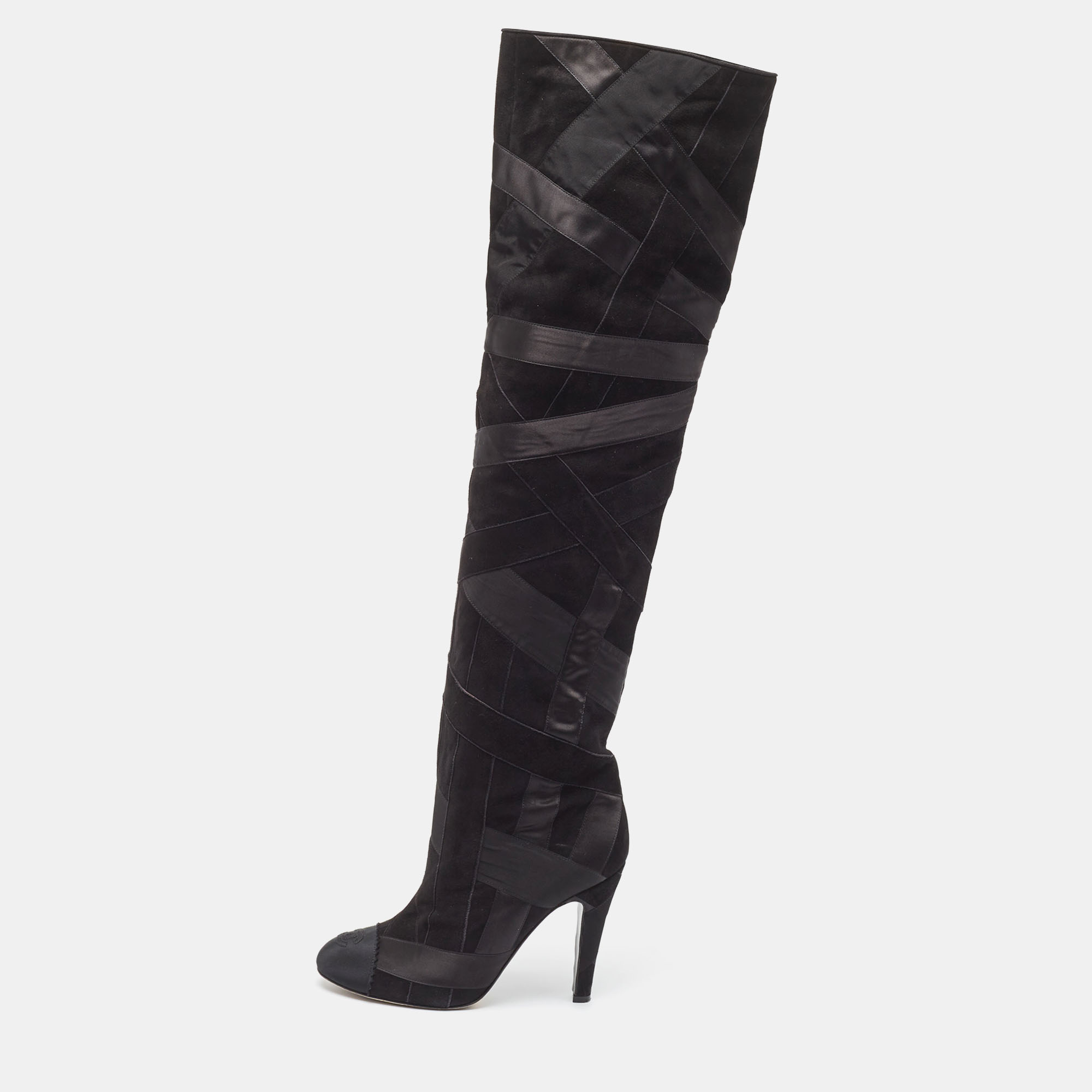 Chanel Black Suede and Grosgrain CC Cap Toe Knee Length Boots Size 39, Boots - Luxury Closet catalog