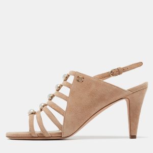 Chanel Beige Suede  Pearl Slingback Sandals Size 37.5, Sandals - Luxury Closet catalog