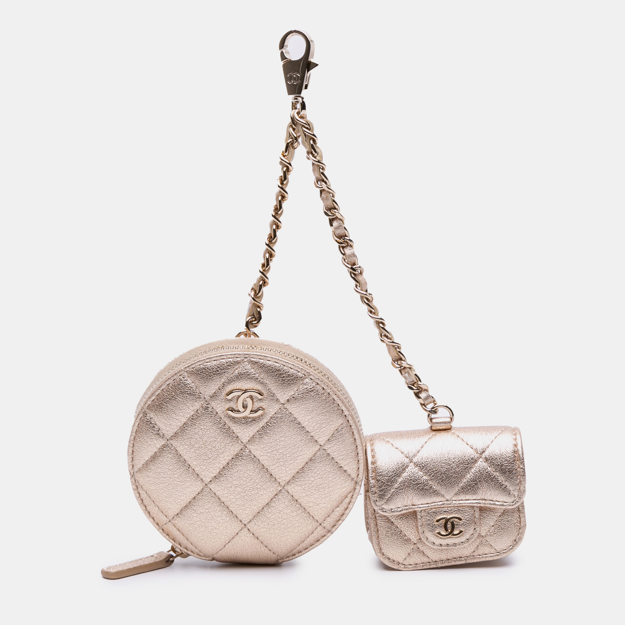 Chanel Gold Metallic Quilted Lambskin Round Clip On Coin Purse Airpods Case, Clutches & Special Occasion Bags - Luxury Closet catalog