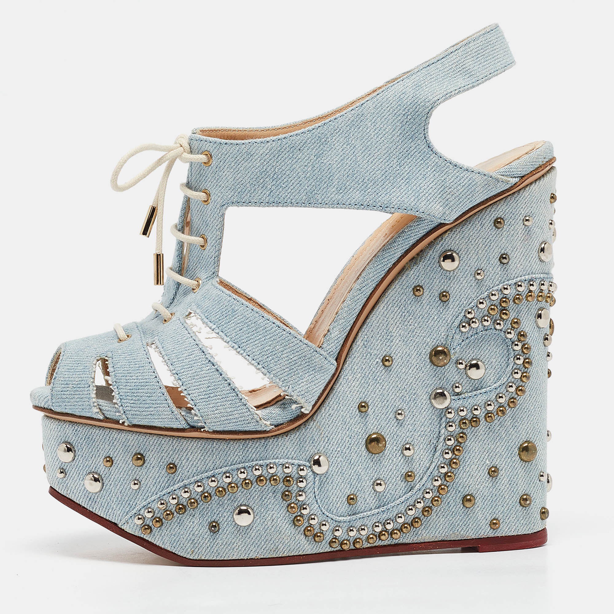 Charlotte Olympia Blue Denim Studded Cut Out Wedge Platform Sandals Size 37, Sandals - Luxury Closet catalog