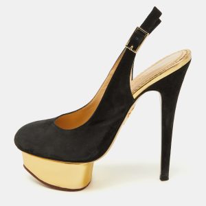 Charlotte Olympia Black Suede Dolly Slingback Platform Pumps Size 36.5, Pumps - Luxury Closet catalog
