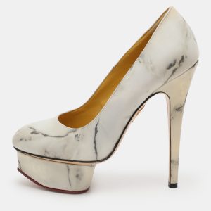 Charlotte Olympia White/Grey Marble-Print Leather Dolly Pumps Size 36, Pumps - Luxury Closet catalog