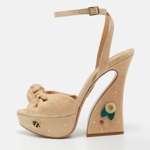 Charlotte Olympia Beige Canvas Floral Vreeland Embellished Platform Sandals Size 41, Sandals - Luxury Closet catalog