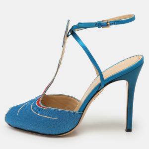 Charlotte Olympia Blue Metallic Lurex Fabric Ankle Strap Sandals Size 40, Sandals - Luxury Closet catalog