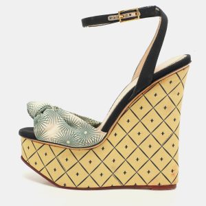 Charlotte Olympia Black/Green Satin Tie Ankle Strap Wedge Sandals Size 38.5, Sandals - Luxury Closet catalog
