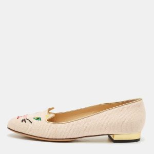 Charlotte Olympia Pink/Gold Canvas Kitty Ballet Flats Size 37.5, Flats - Luxury Closet catalog