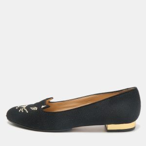 Charlotte Olympia Black Canvas Kitty Smoking Slippers Size 37.5, Flats - Luxury Closet catalog