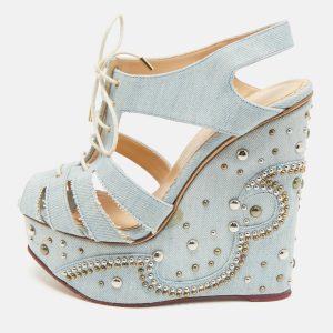 Charlotte Olympia Blue Denim Studded Cut Out Wedge Platform Sandals Size 38, Sandals - Luxury Closet catalog