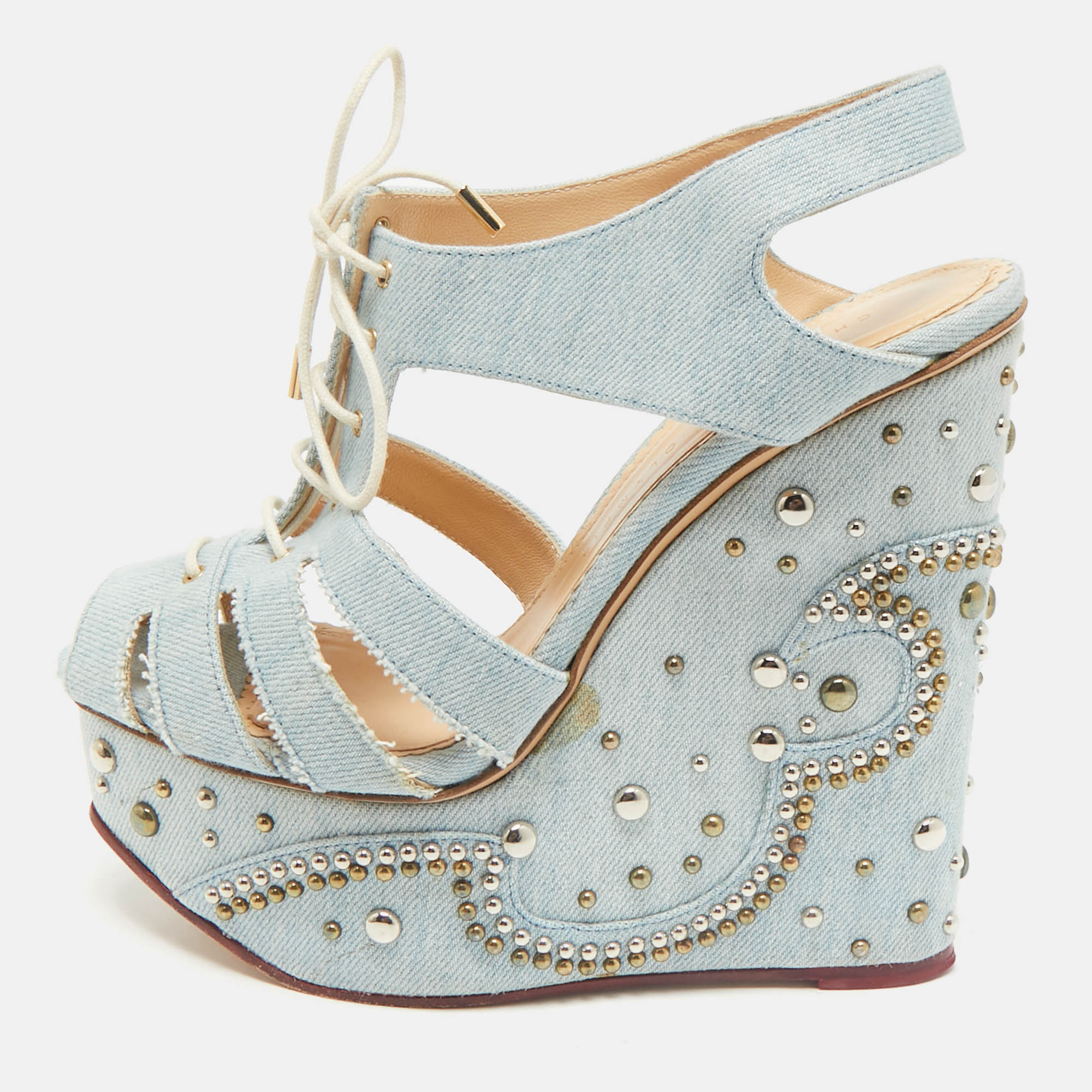 Charlotte Olympia Blue Denim Studded Cut Out Wedge Platform Sandals Size 38, Sandals - Luxury Closet catalog