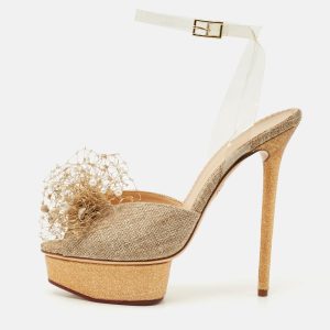 Charlotte Olympia Gold Canvas and Glitter Embellished Ankle Strap Sandals Size 40, Sandals - Luxury Closet catalog