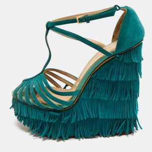 Charlotte Olympia Blue Suede Winona Fringe Wedge Sandals Size 39, Sandals - Luxury Closet catalog