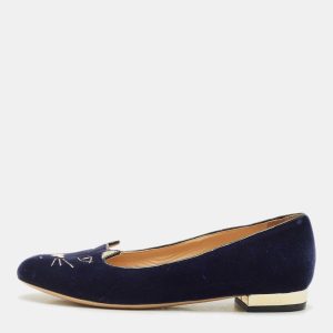 Charlotte Olympia Navy Blue Fabric Kitty Smoking Slippers Size 36.5, Flats - Luxury Closet catalog