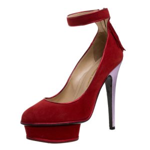 Charlotte Olympia Red Suede Dolores Ankle Strap Platform Pumps Size 37, Pumps - Luxury Closet catalog