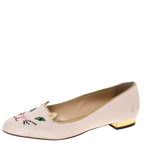 Charlotte Olympia Beige Embroidered Canvas Emoticat Cheeky Kitty Ballet Flats Size 40, Flats - Luxury Closet catalog