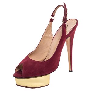 Charlotte Olympia Maroon Suede Slingback Peep Toe Platform Pumps Size 38, Pumps - Luxury Closet catalog