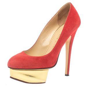 Charlotte Olympia Red Suede Leather Dolly Platform Pumps Size 37.5, Pumps - Luxury Closet catalog