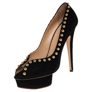Charlotte Olympia Black Suede Daphne Studded Peep Toe Platform Pumps Size 39.5, Pumps - Luxury Closet catalog