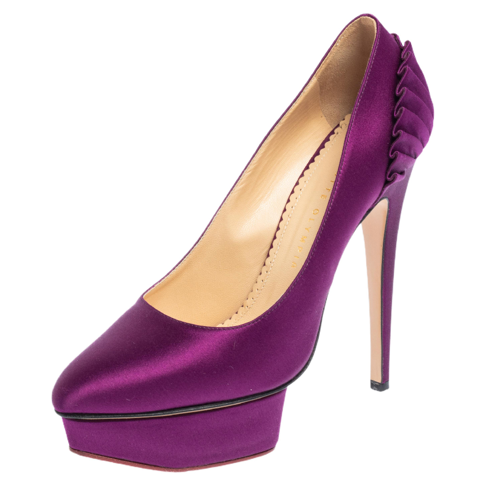 Charlotte Olympia Purple Satin Paloma Fan Pleat Platform Pumps Size 38.5, Pumps - Luxury Closet catalog