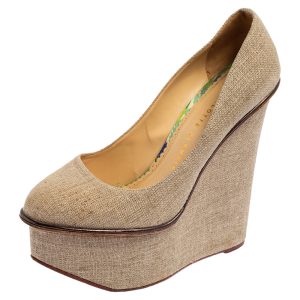 Charlotte Olympia Dark Beige Canvas Carmen Wedge Pumps Size 38, Pumps - Luxury Closet catalog