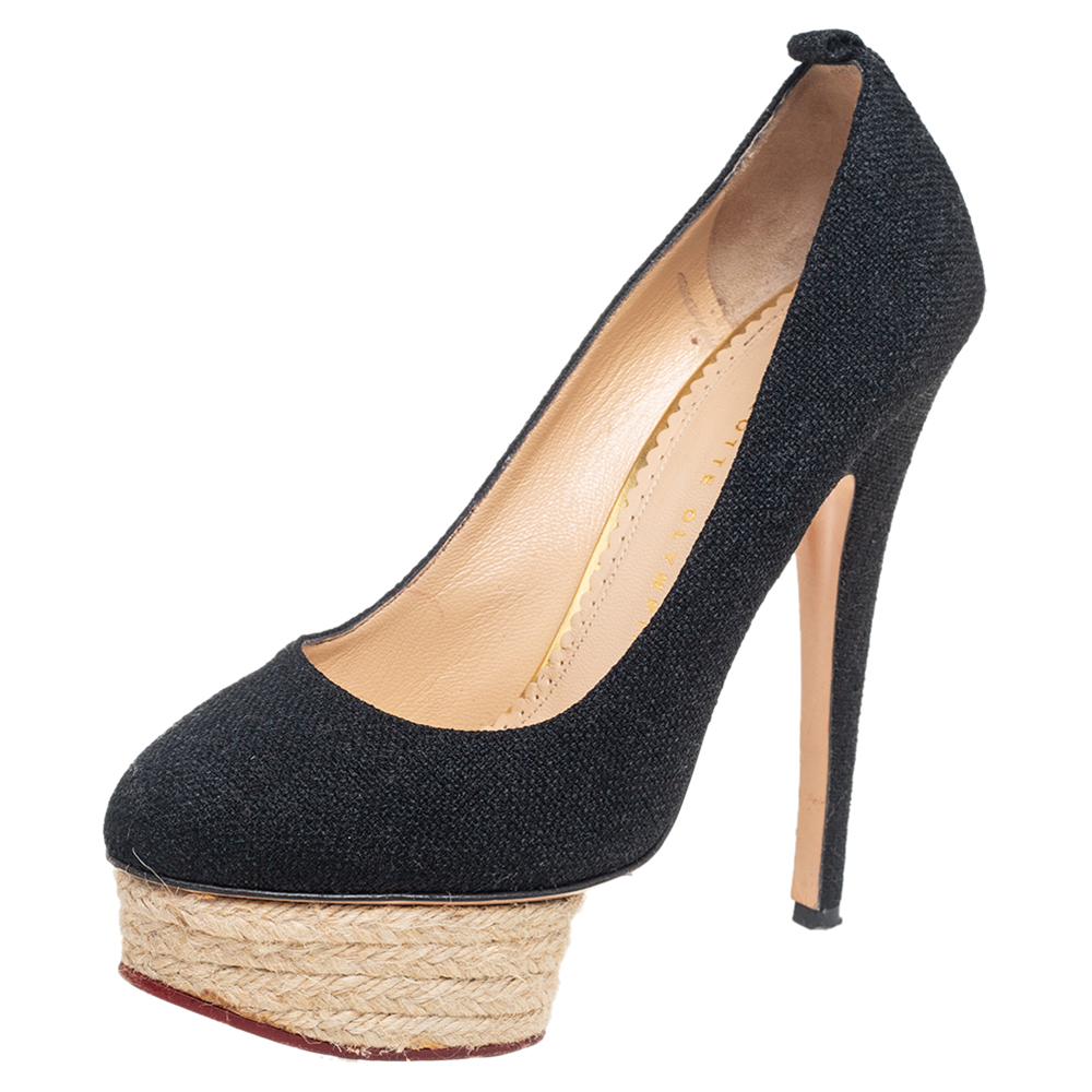 Charlotte Olympia Black Canvas Dolores Espadrille Platform Ankle-Strap Pumps Size 37, Pumps - Luxury Closet catalog
