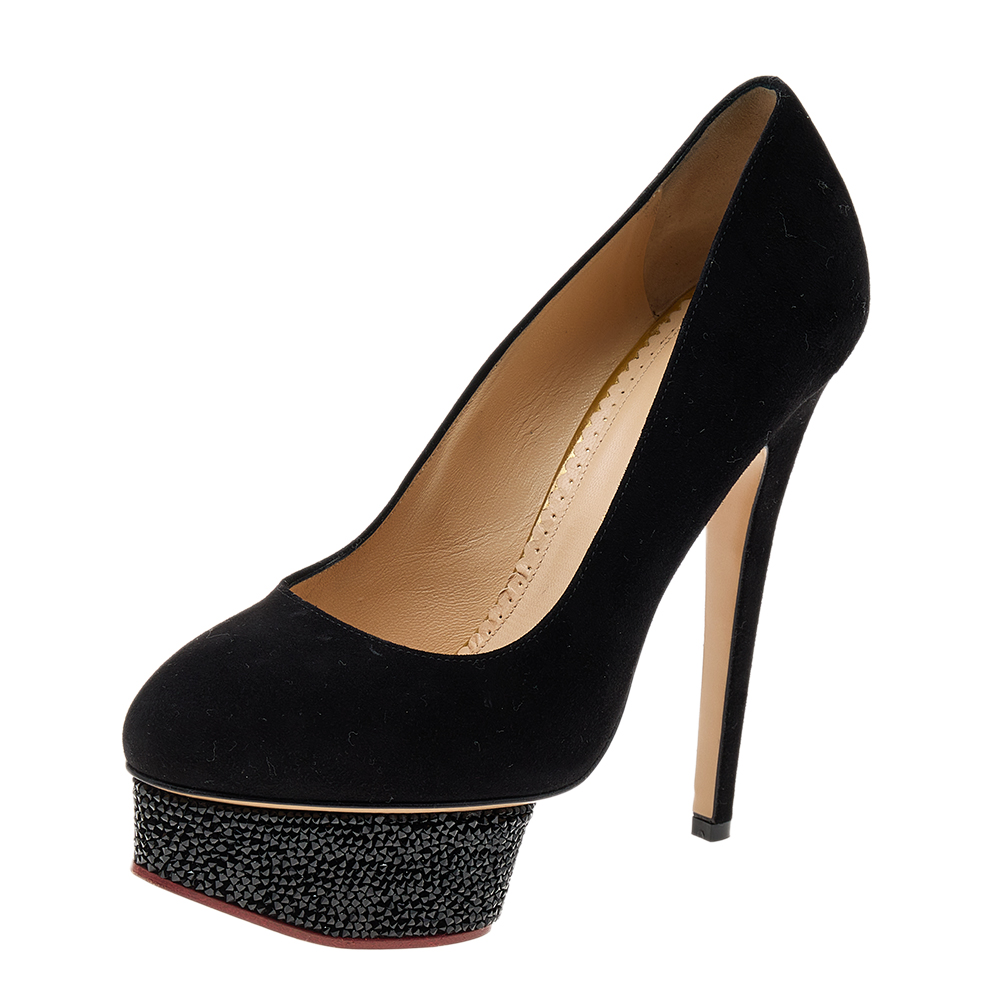 Charlotte Olympia Black Suede Crystal Embellished Dolly Platform Pumps Size 38, Pumps - Luxury Closet catalog
