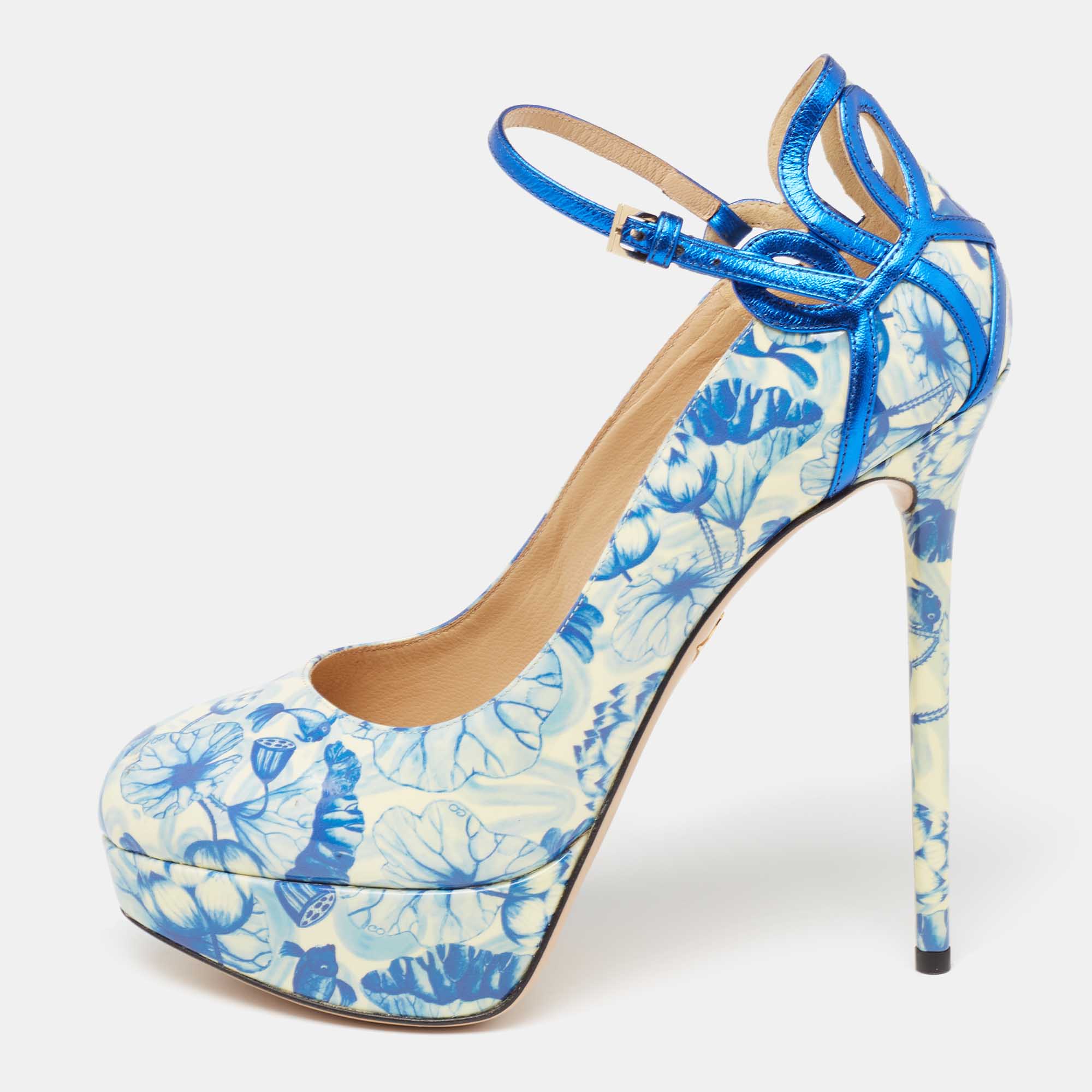 Charlotte Olympia Blue/White Ming Koi Carp Print Patent Leather Ankle Strap Pumps 39, Pumps - Luxury Closet catalog