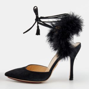 Charlotte Olympia Black Ostrich Feather and Suede Sandals Size 36, Sandals - Luxury Closet catalog