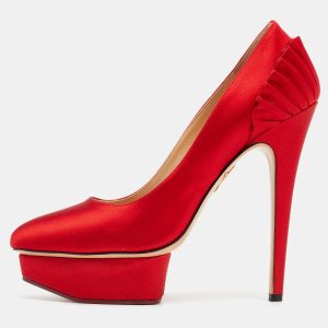 Charlotte Olympia Red Satin Peloma Fan Pleat Pumps Size 39.5, Pumps - Luxury Closet catalog