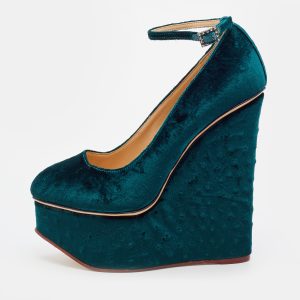 Charlotte Olympia Teal Green Ostrich Effect Velvet Wedge Platform Ankle Strap Pumps Size 37.5, Pumps - Luxury Closet catalog