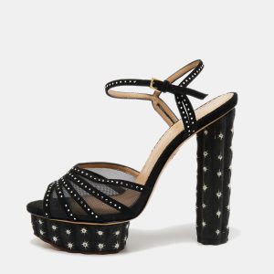Charlotte Olympia Black Suede and Mesh Cactus Crystal Studded Ankle Strap Platform Sandals Size 40, Sandals - Luxury Closet catalog