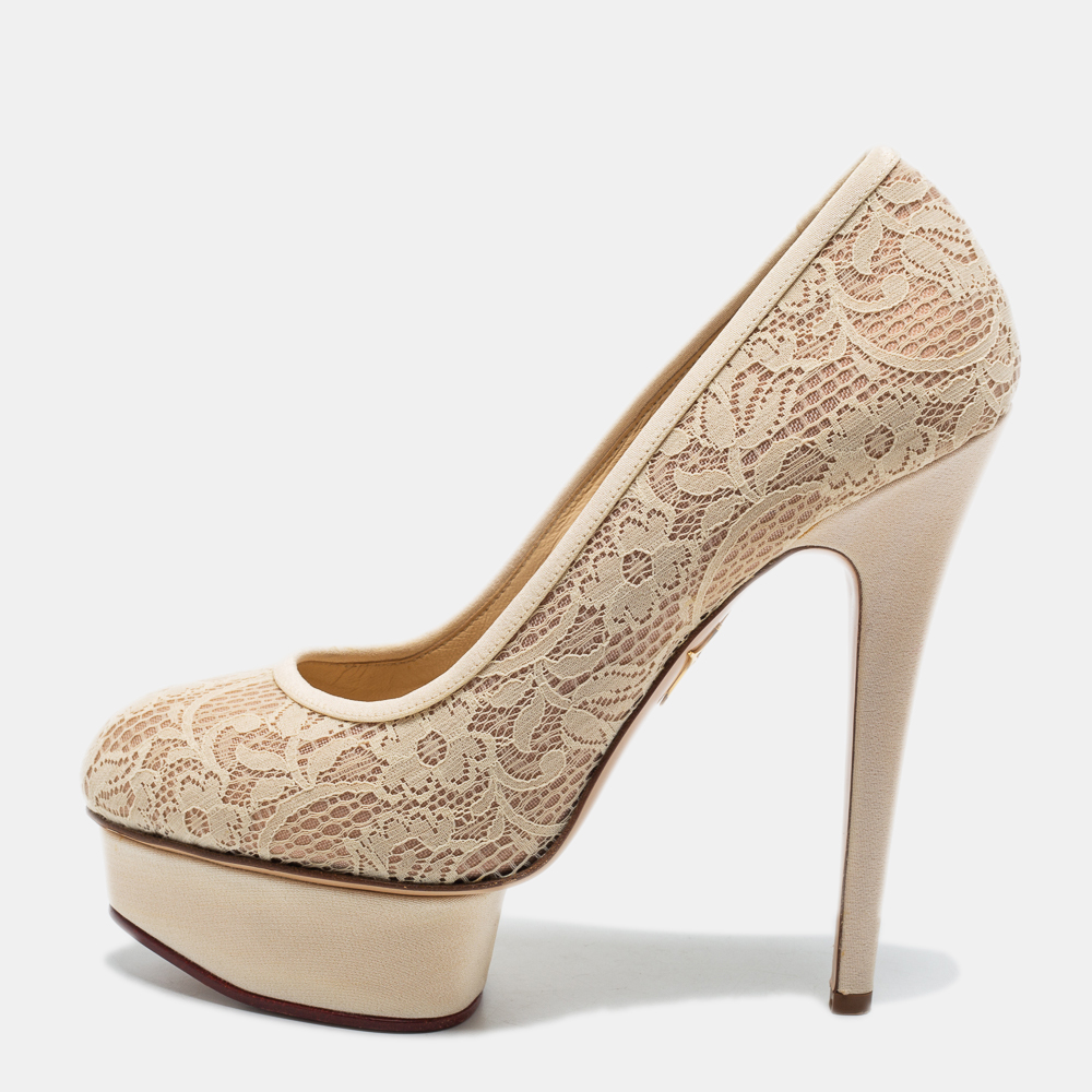 Charlotte Olympia Cream Lace Polly Platform Pumps Size 38.5, Pumps - Luxury Closet catalog