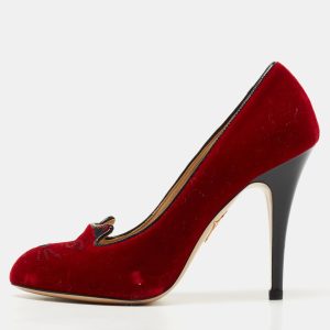 Charlotte Olympia Red Velvet Embroidered Kitty Pumps Size 37.5, Pumps - Luxury Closet catalog