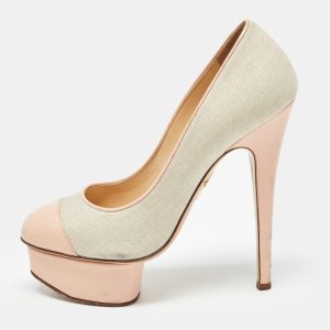 Charlotte Olympia Pink/Grey Canvas and Leather Dolly Pumps Size 36, Pumps - Luxury Closet catalog